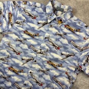 High Seas Trading Co Button Up Shirt Mens XL Blue Fighter Planes World War USA